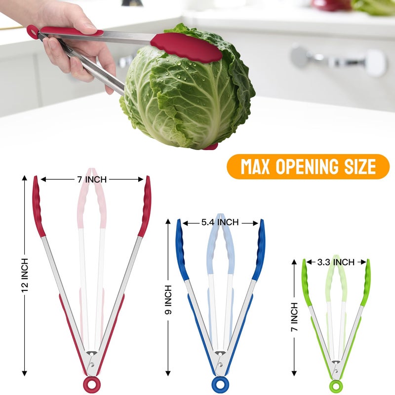 Hotec Premium Stainless Steel Locking Kitchen Tongs with Silicon Tips, Set of 3-7", 9" and 12" multicolor - Image 3